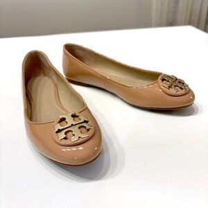 Tory Burch Royal Tan Nude Claire Ballet Tumbled Patent Leather Flats US Size 6.5